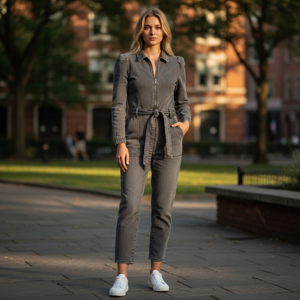 Express Grey Denim Utility Jumpsuit Puff Sleeve Belted Boiler Suit Size 6 Rare F